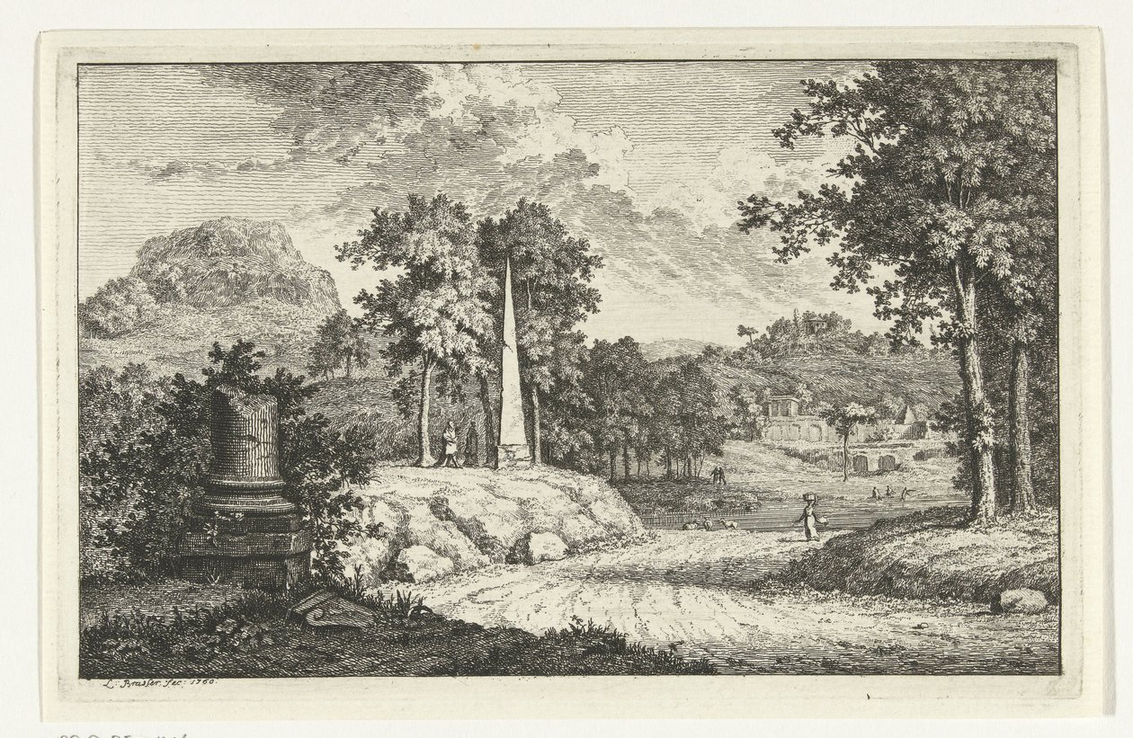 Paesaggio collinare con obelisco lungo la strada da Leendert Brasser