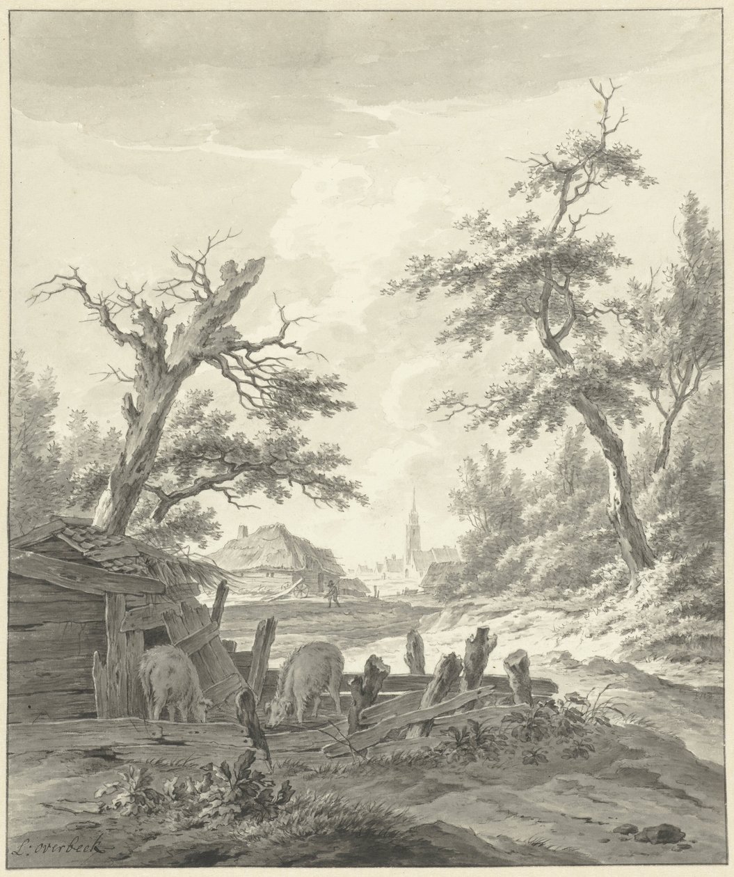 Paesaggio con porcile in primo piano da Leendert Overbeek