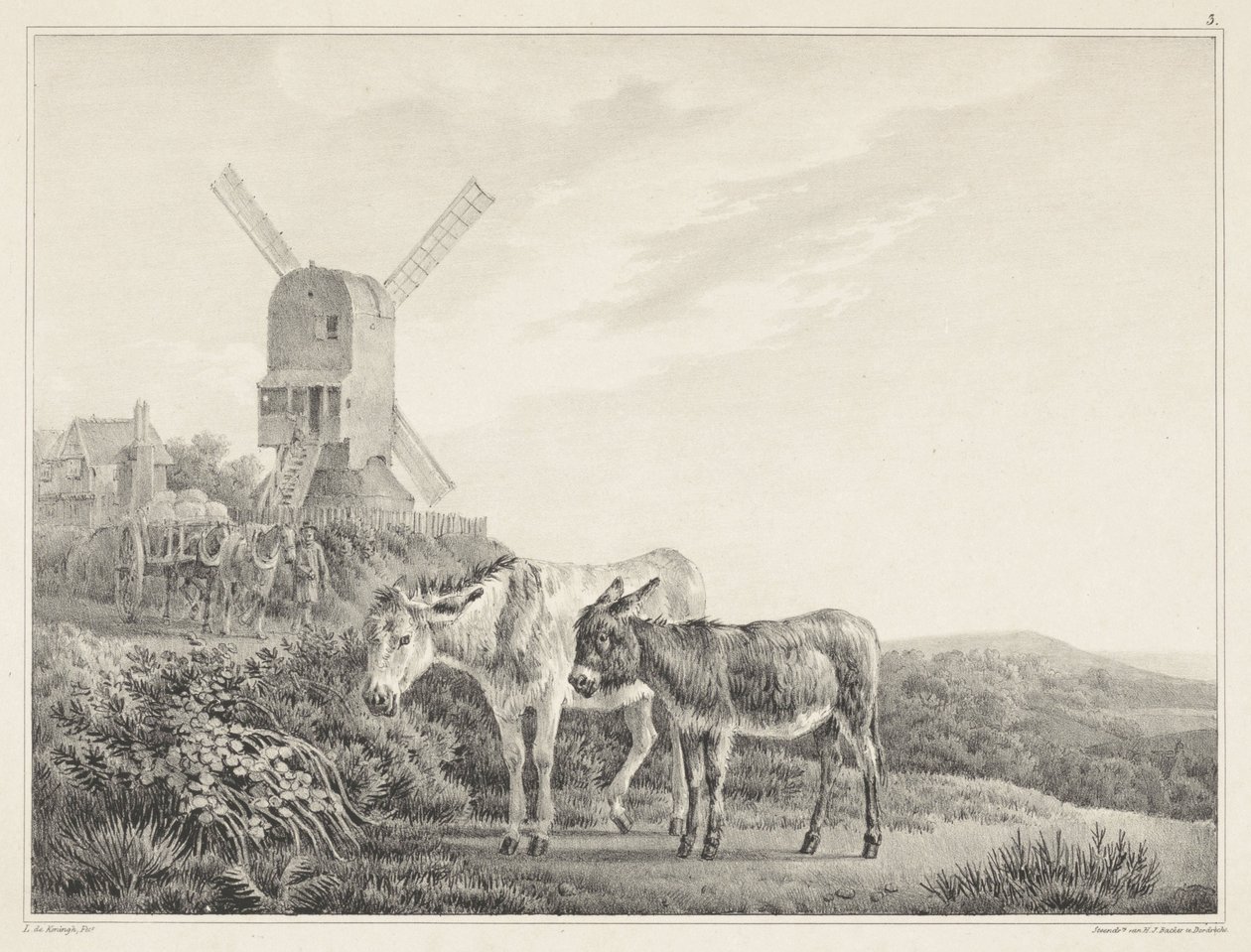 Due asini in un paesaggio con un mulino (serie di sei disegni di L. de Koningh) da Leendert de Koningh