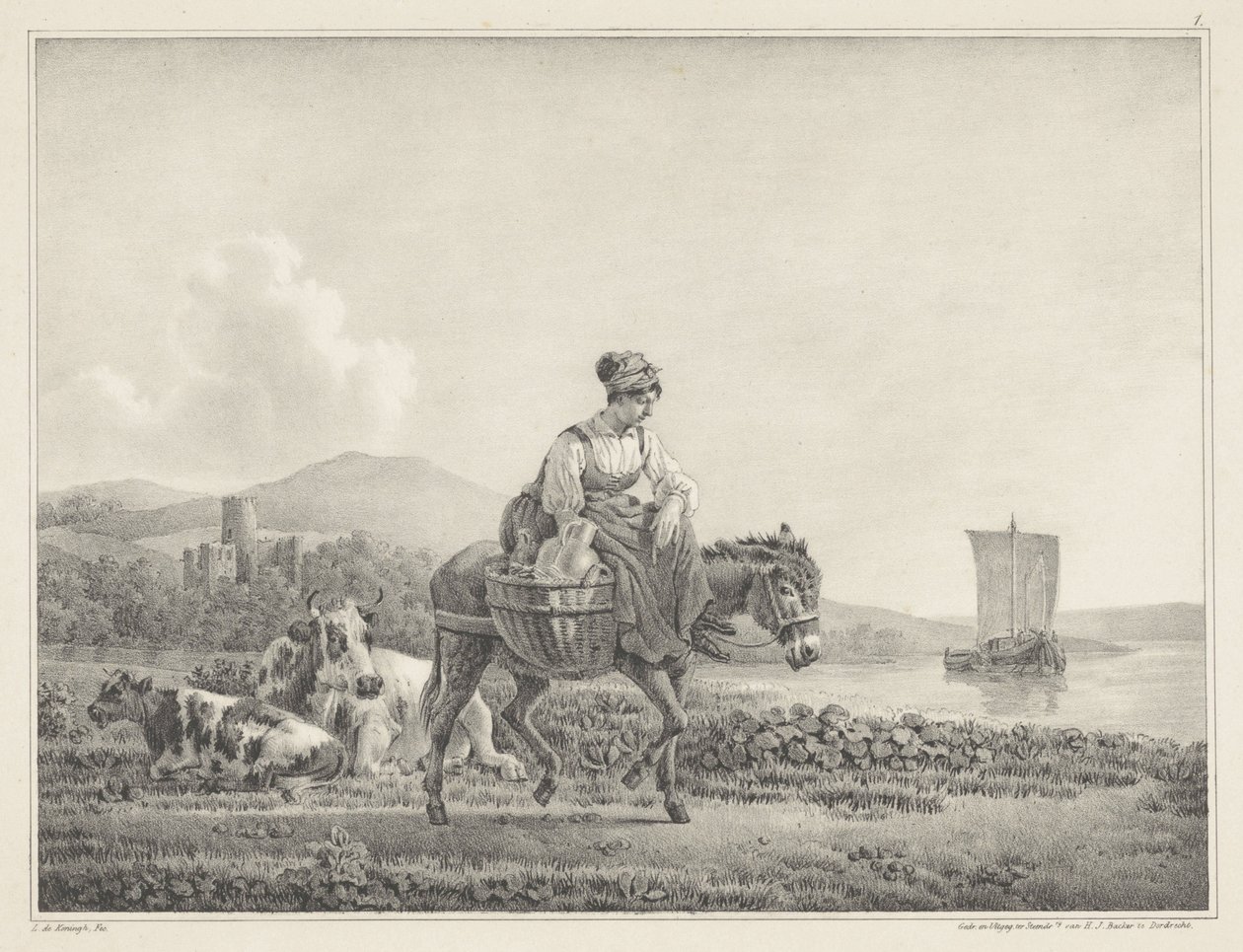 Donna su un asino in un paesaggio (serie di sei disegni a pietra di L. de Koningh) da Leendert de Koningh