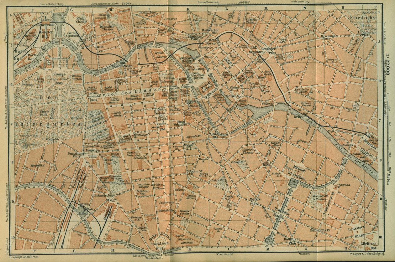 Mappa del centro di Berlino, da una guida di viaggio Baedeker