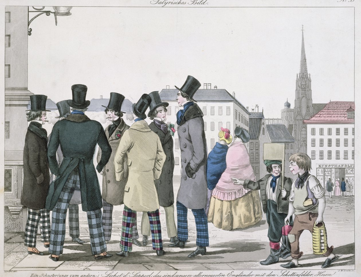 Uomini eleganti con pantaloni scozzesi per le strade di Vienna, inciso da J. W. Linke, c.1840 da Lempis