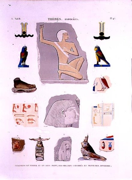Illustrazioni di rilievi dipinti su frammenti di pietra e legno Ipogei, Tebe tavola 47 da Vol II di 