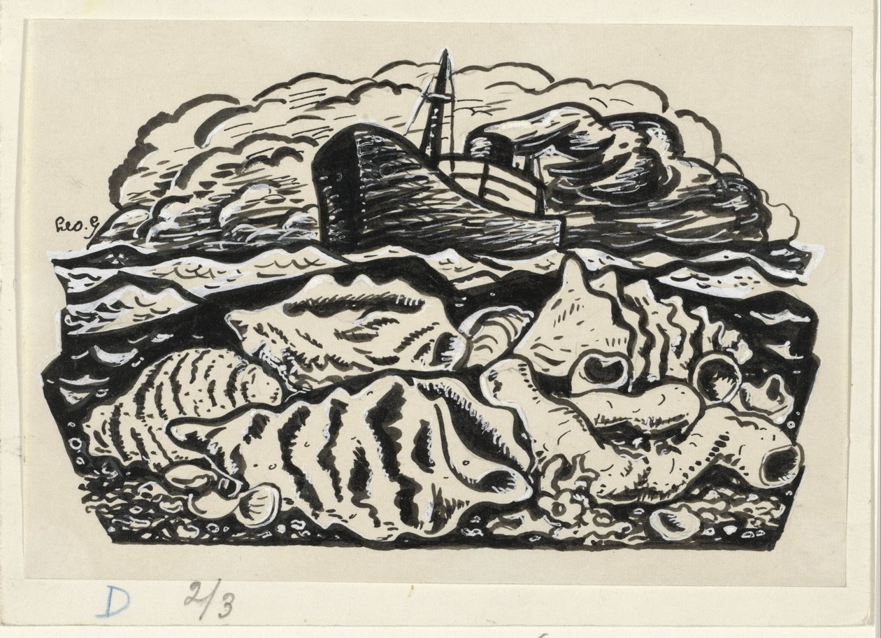 Nave a vapore in mare con conchiglie sulla spiaggia da Leo Gestel (signed by artist)