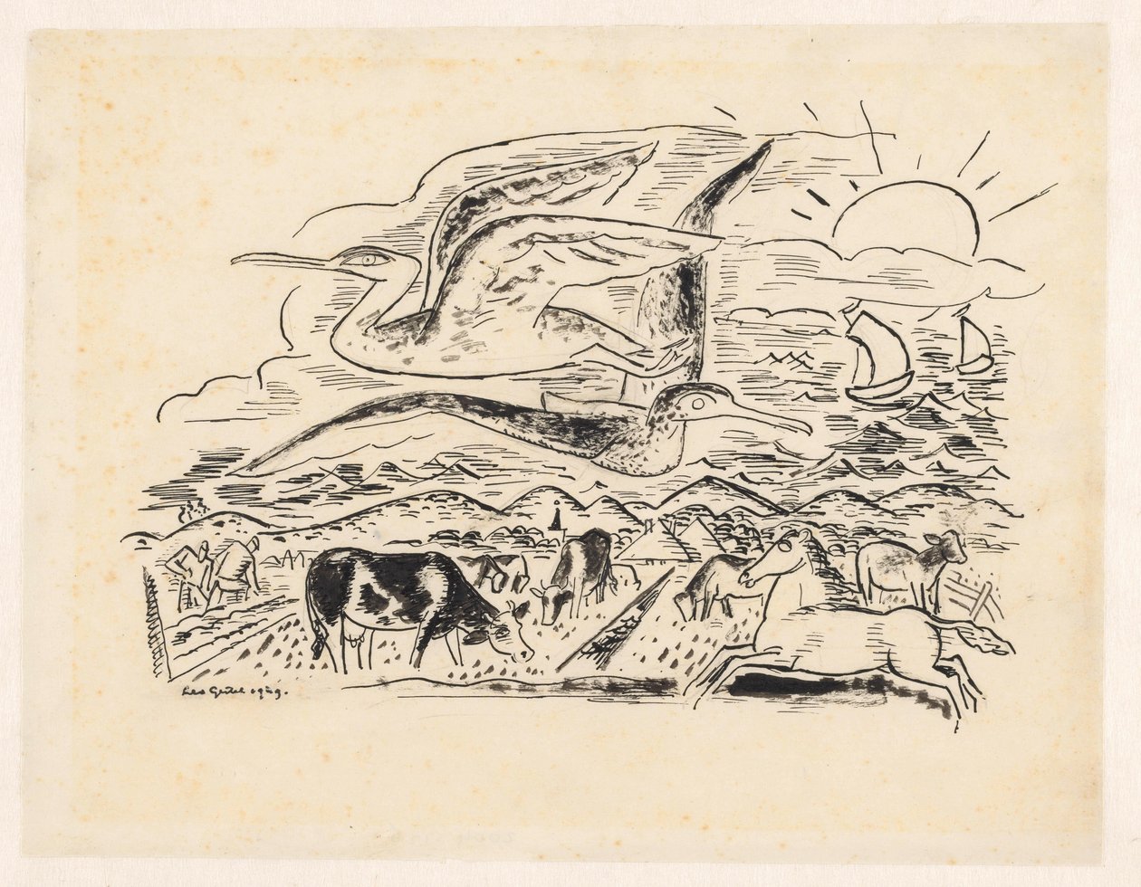Due uccelli volano su un paesaggio con bestiame da Leo Gestel (signed by artist)