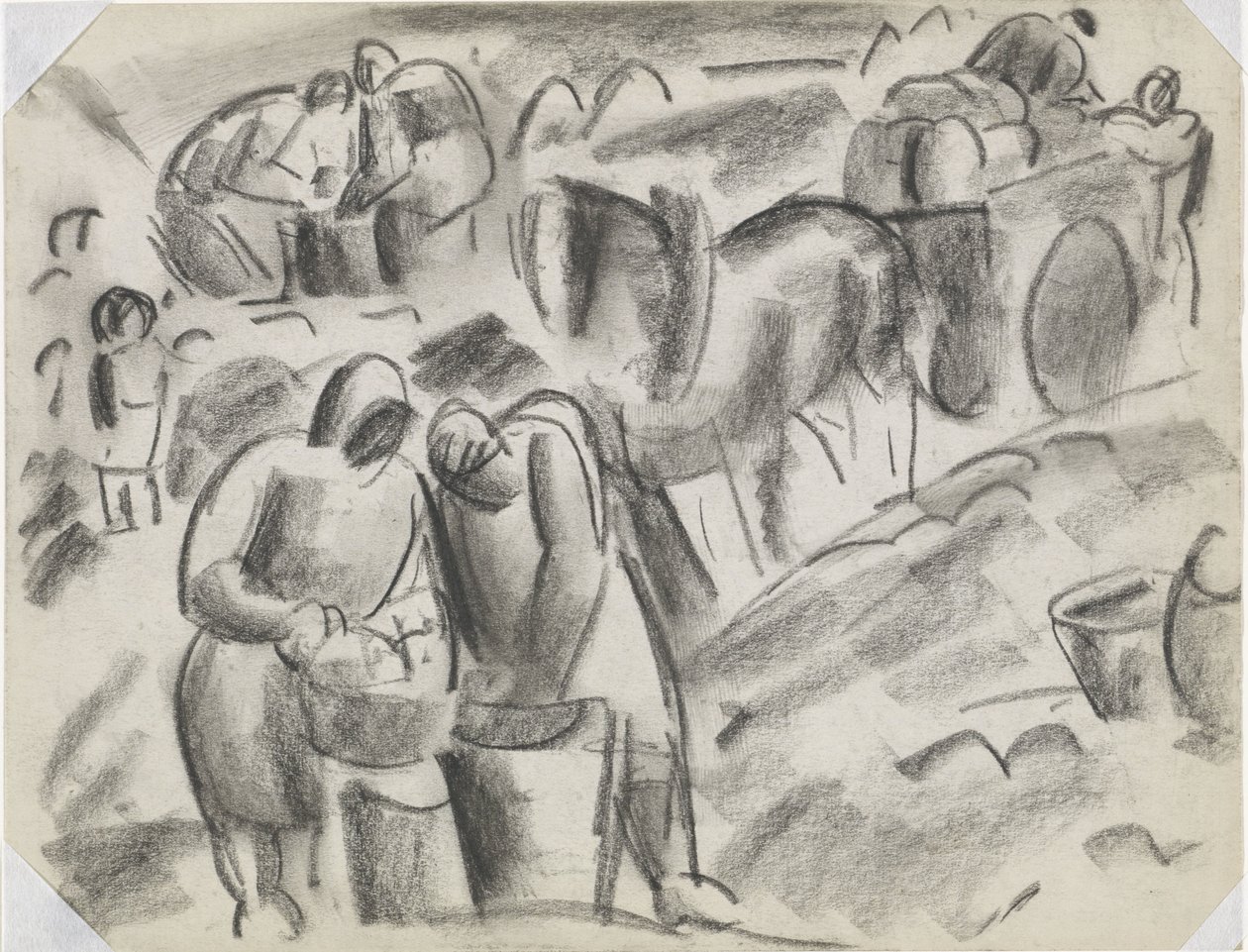 Raccoglitori di patate sul campo con cavallo e carro da Leo Gestel