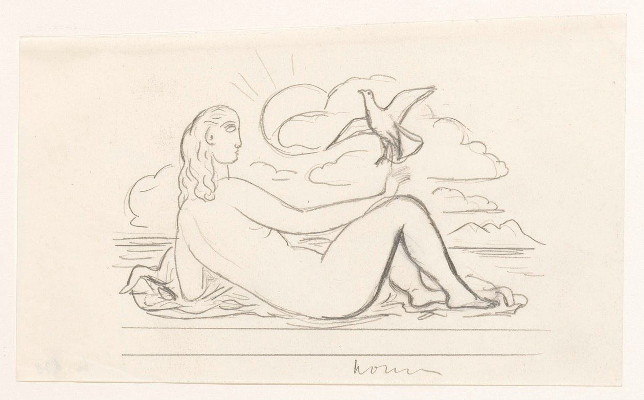 Nudo femminile sdraiato sulla spiaggia e un gabbiano da Leo Gestel