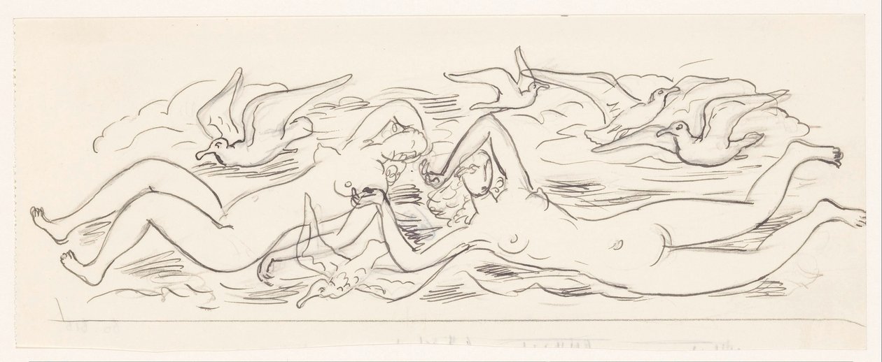 Due donne nude che nuotano e cinque gabbiani da Leo Gestel