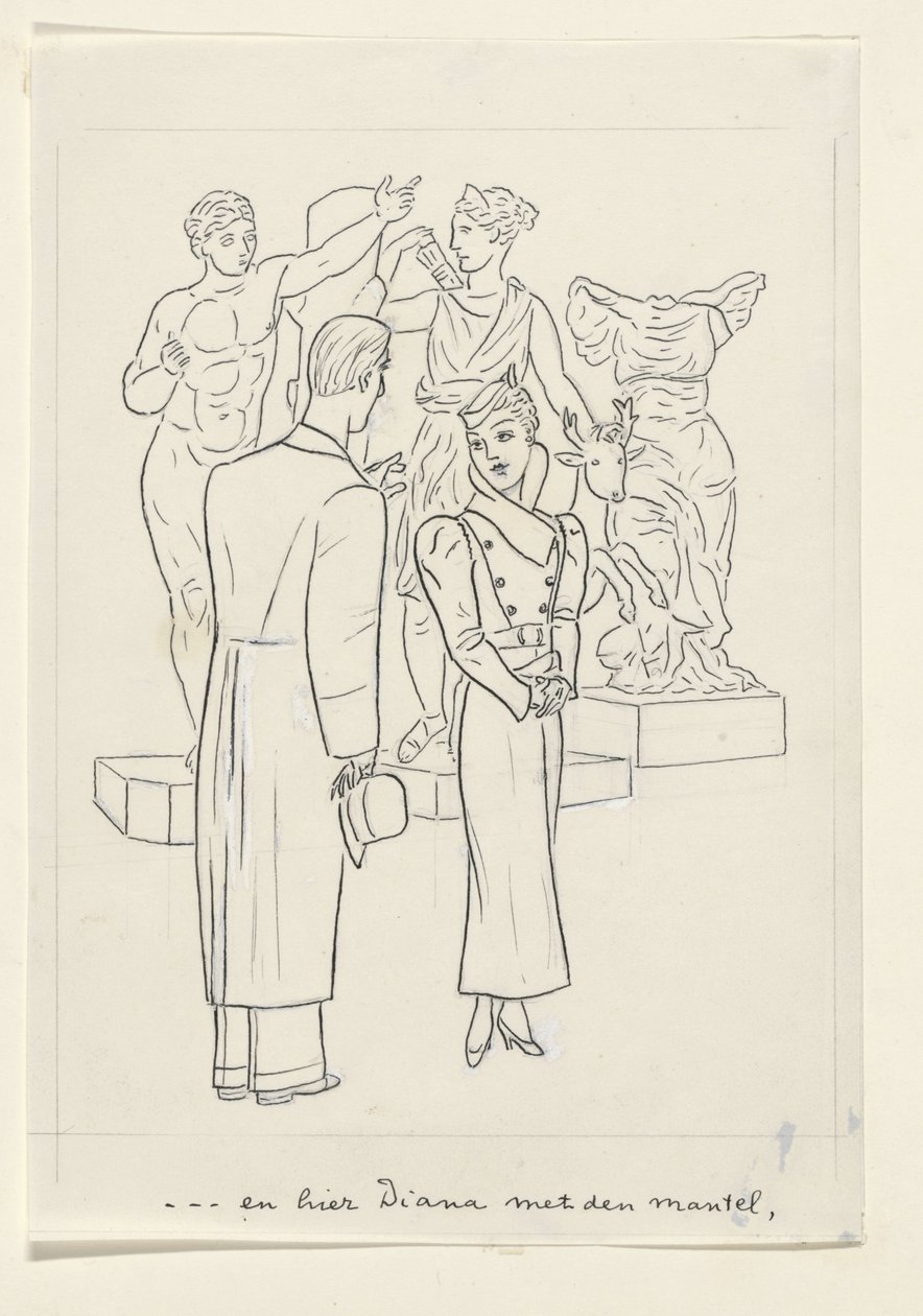 Donna e uomo davanti a tre statue da Leo Gestel