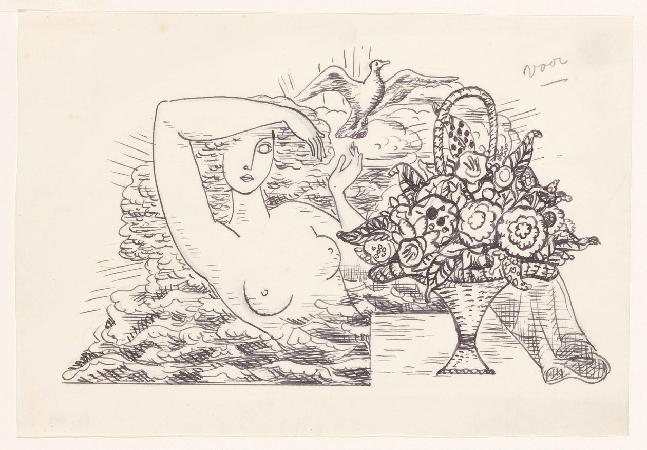 Nudo femminile nelle onde che libera un uccello, in primo piano un cesto di fiori da Leo Gestel