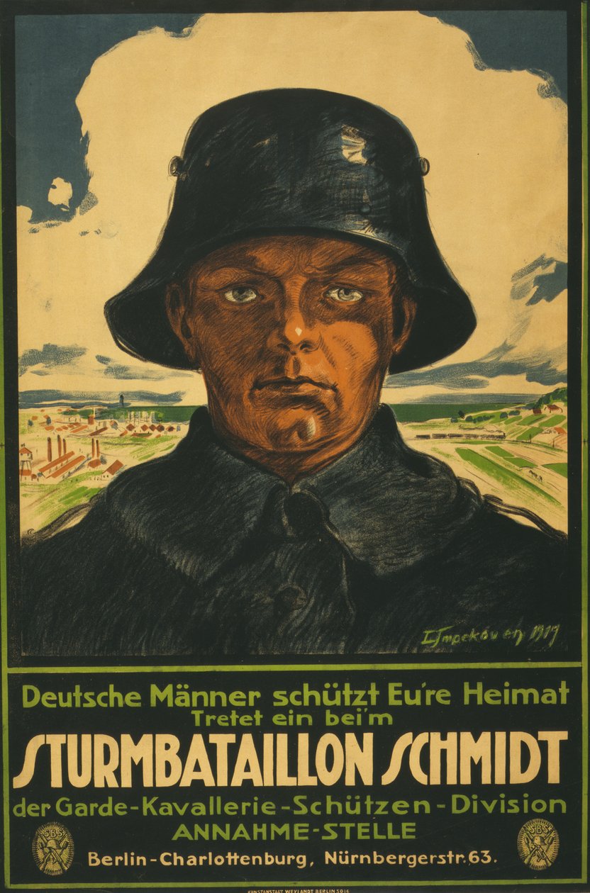 Sturmbataillon Schmidt; Deutsche Männer schütt Eure Heimat! 1919 (litografia a colori) da Leo Impekoven