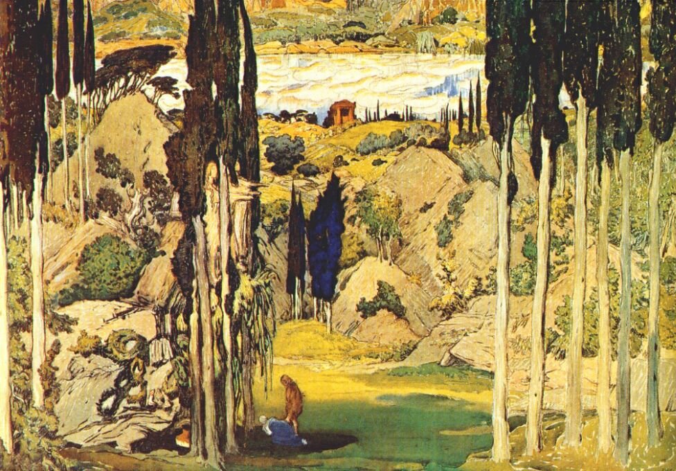 Scenografia per la prima mondiale del balletto Daphnis et Chloe, musica di Maurice Ravel, Parigi da Leon Bakst