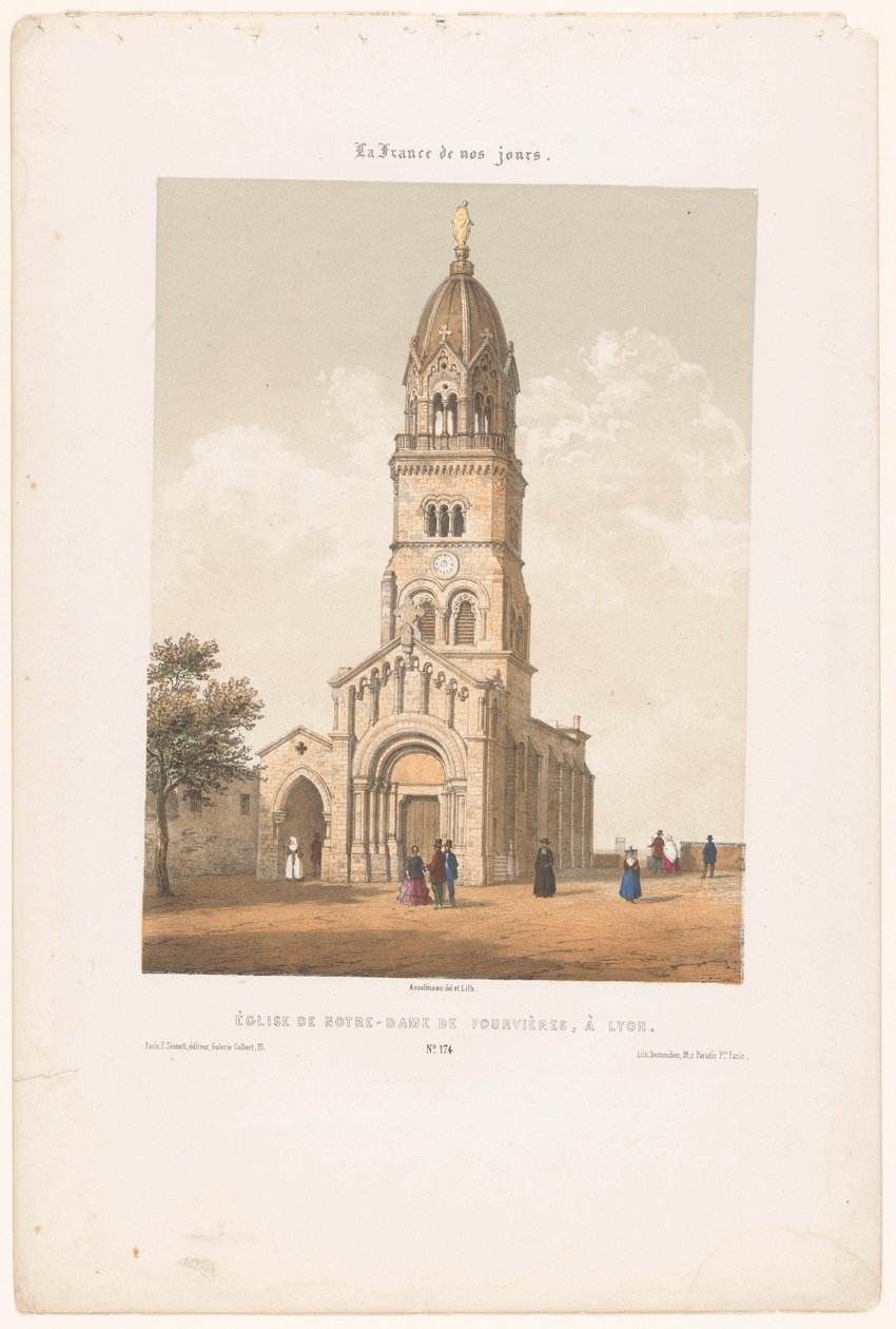Vista della basilica di Notre-Dame de Fourvière a Lione (serie: Hedendaags Frankrijk) da Leon Auguste Asselineau