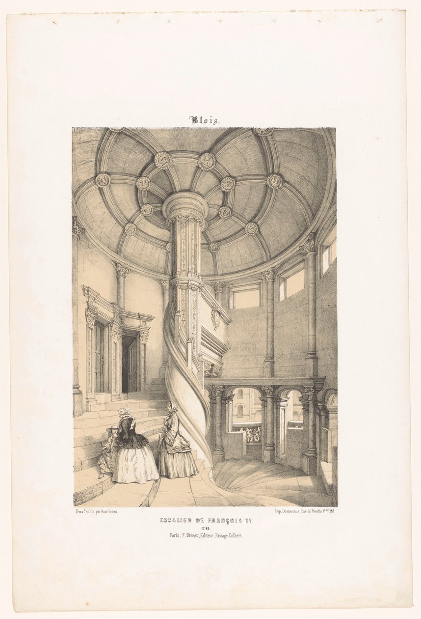 Vista della scala a chiocciola di re Francesco I nel castello di Blois (serie: Hedendaags Frankrijk) da Leon Auguste Asselineau