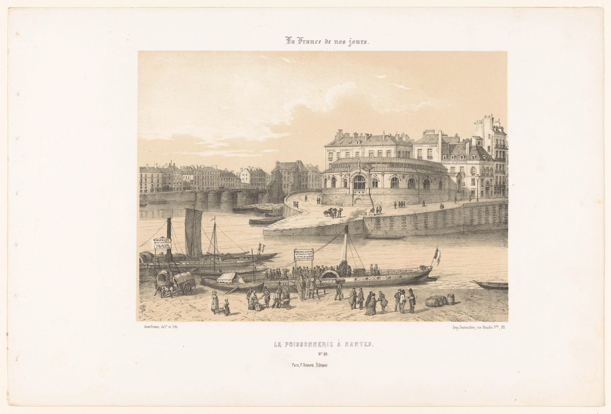 Vista del mercato del pesce a Nantes dal molo (serie: Hedendaags Frankrijk) da Leon Auguste Asselineau