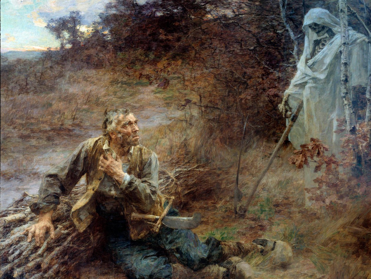 La morte e il boscaiolo. Illustrazione per la favola di Jean de La Fontaine. Dipinto di Leon Augustin Lhermitte, 1893. Chateau Thierry, museo La Fontaine da Leon Augustin Lhermitte