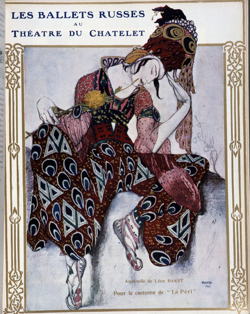 Les Ballets Russes al teatro del Chatelet: costume per "La Peri" - acquerello di Bakst, cop. in "Comoedia illustrata" da Leon Bakst