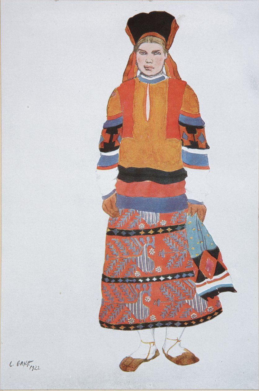 Donna contadina. Costume per il Vaudeville Vecchia Mosca al Théâtre Femina di Parigi, 1922 da Leon Bakst
