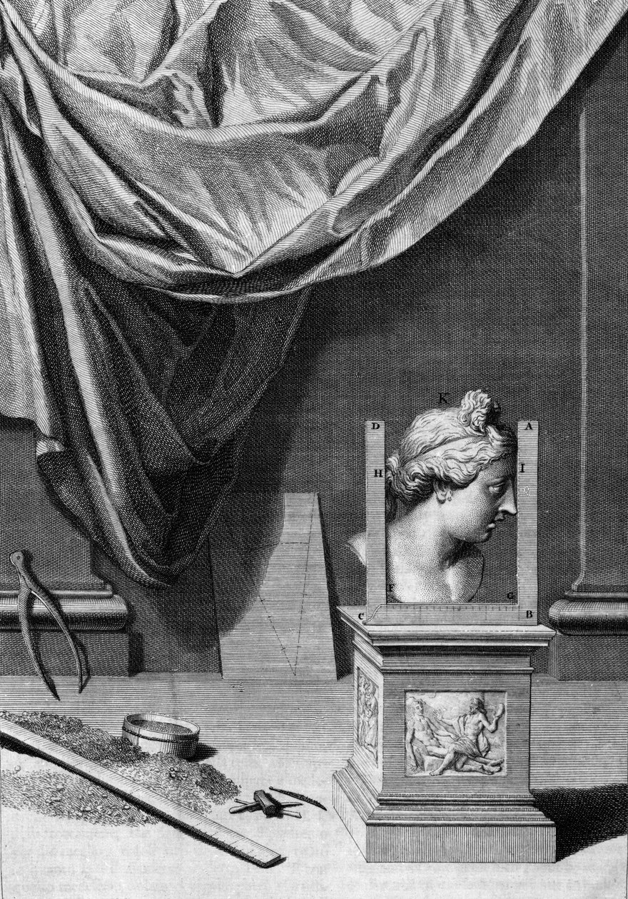 Trattati di architettura, un busto di una statua classica e strumenti architettonici: tavola tratta da "De Architectura Libri decem" di Leon Battista Alberti (1404-1472), architetto, matematico, poeta italiano del Rinascimento, Londra da Leon Battista Alberti