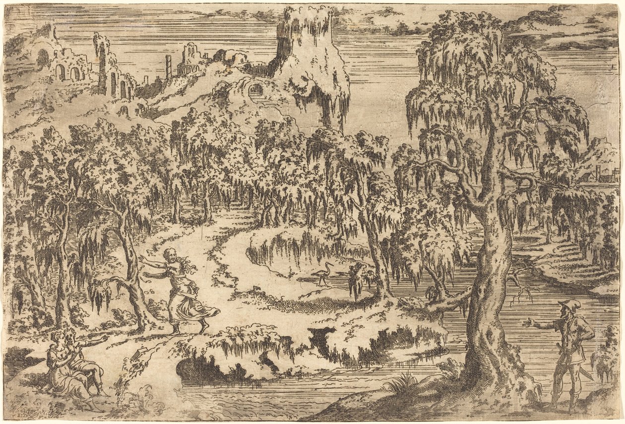 Paesaggio con Donna che Fugge alla Vista di un Soldato da Leon Davent