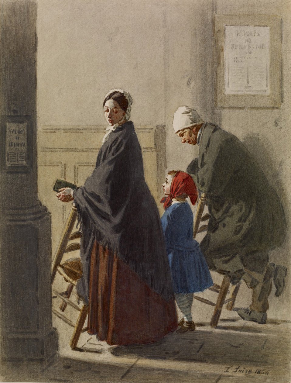 Uomo, donna e ragazza in preghiera in chiesa, 1864 da Leon Henri Antoine Loire