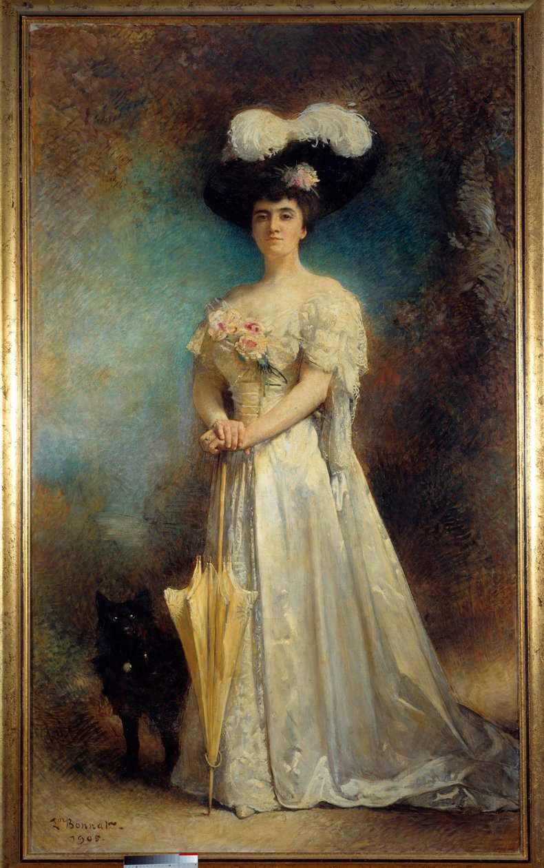 Ritratto a figura intera di Madame Maurice Pascal e il suo cane Tiny da Leon Joseph Florentin Bonnat