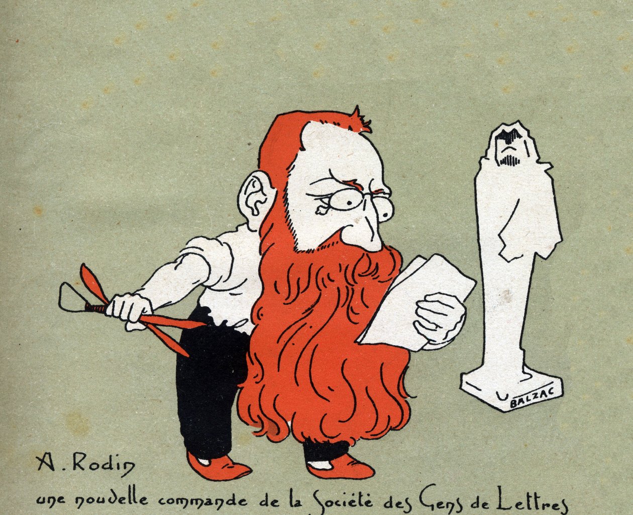 Cartone animato di Auguste Rodin con una nuova commissione dalla Societe des gens de lettres (Scultura di Balzac) - Illustrazione di Leon Lebegue - Incisione in "Le sun-du-dimanche" da Leon Lebegue