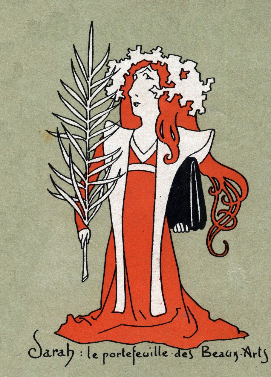 Cartone animato di Henriette Rosine Bernard detta Sarah Bernhardt come portfolio di Belle Arti - Illustrazione di Leon Lebegue - Incisione in "Le sun-du-dimanche" da Leon Lebegue