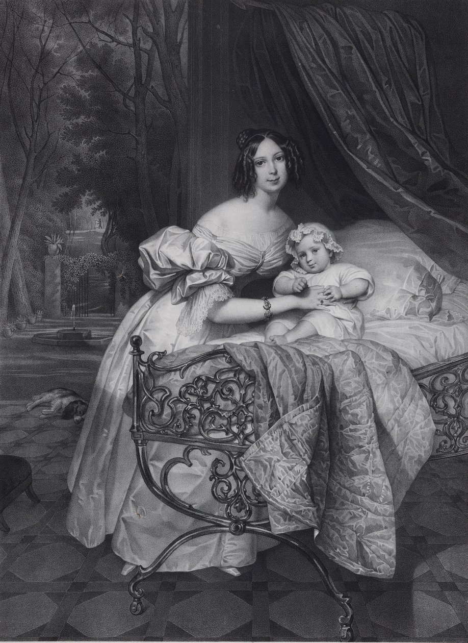 Ritratto di Maria Irineevna Buteneva, nata Chreptowicz 1811-1890 con la figlia Maria 1835-1905 da Leon Noel