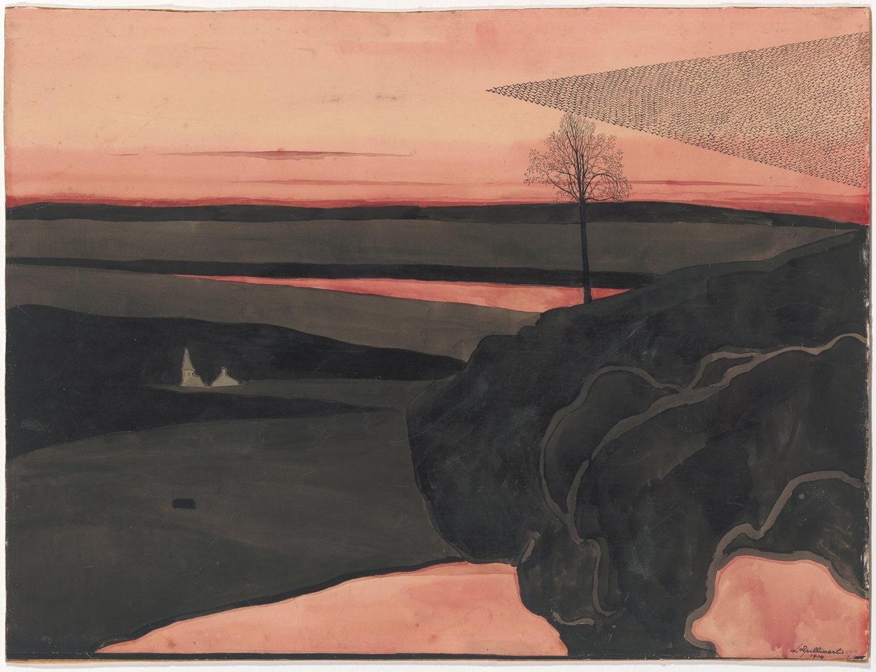 Paesaggio sotto il bagliore rosso della sera con uccelli migratori da Leon Spilliaert