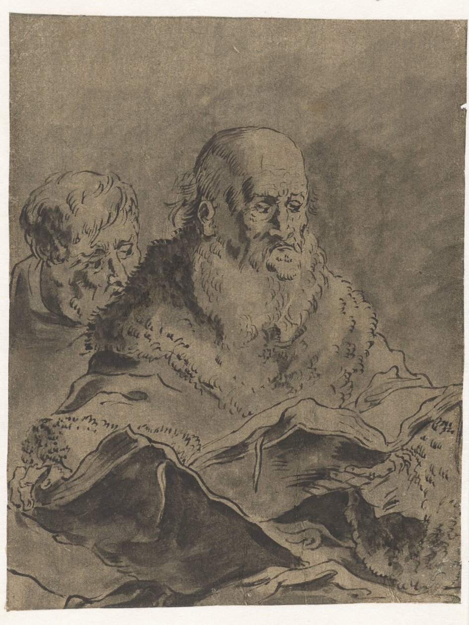 Uomo barbuto in mantello di pelliccia con due libri aperti da Leonaert Bramer