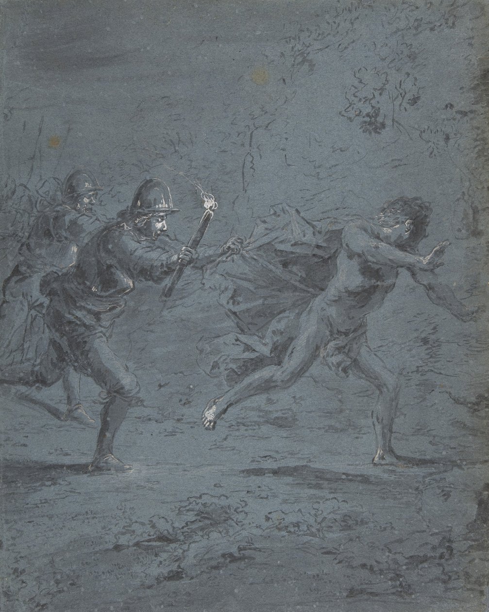 Scena notturna con soldati che inseguono un fuggitivo Mark XIV da Leonard Bramer