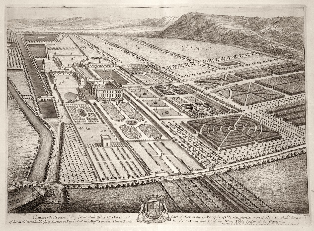 Chatsworth House, residenza di William Cavendish (1640-1707) 1° Duca di Devonshire, inciso da Johannes Kip da Leonard Knyff