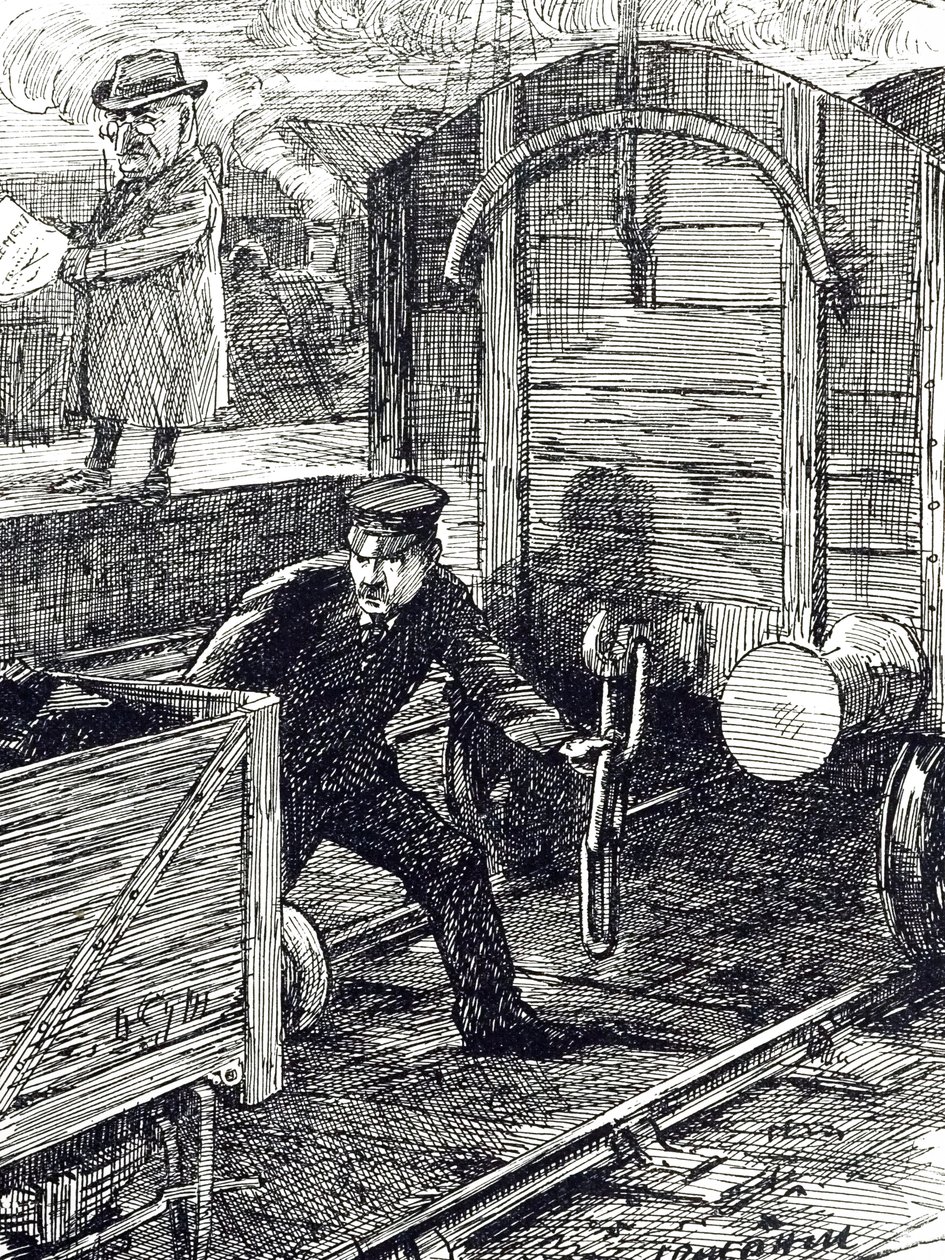 Una vignetta che commenta gli incidenti dei lavoratori ferroviari. Illustrato da Leonard Raven-Hill, artista, illustratore e vignettista inglese, XX secolo da Leonard Raven Hill