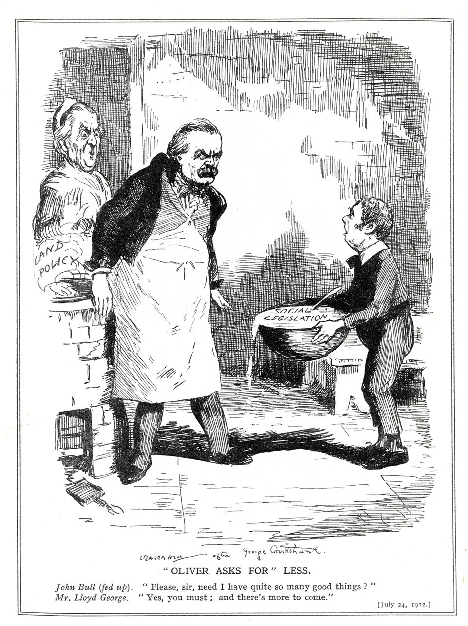 John Bull si lamenta con Lloyd George che ci sono troppe riforme nella sua legislazione sociale e nelle riforme della politica fondiaria, 1912 da Leonard Raven Hill