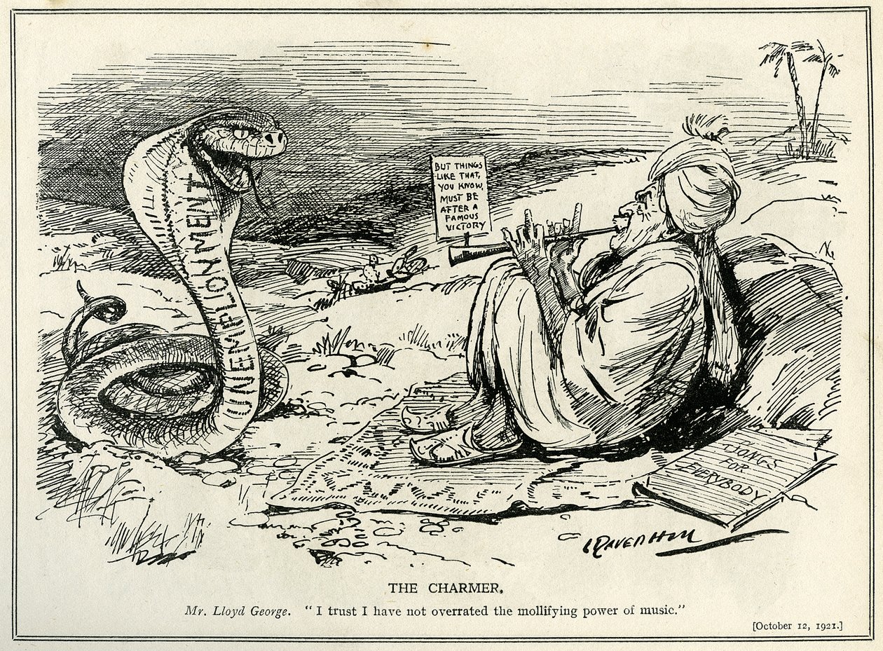 Lloyd George che incanta il serpente della disoccupazione, 1921 da Leonard Raven Hill