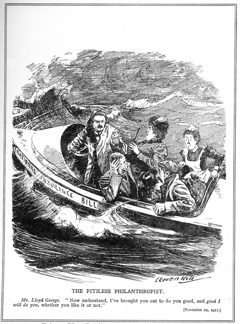 Lloyd George, raffigurato come un marinaio di scialuppa di salvataggio, affronta l