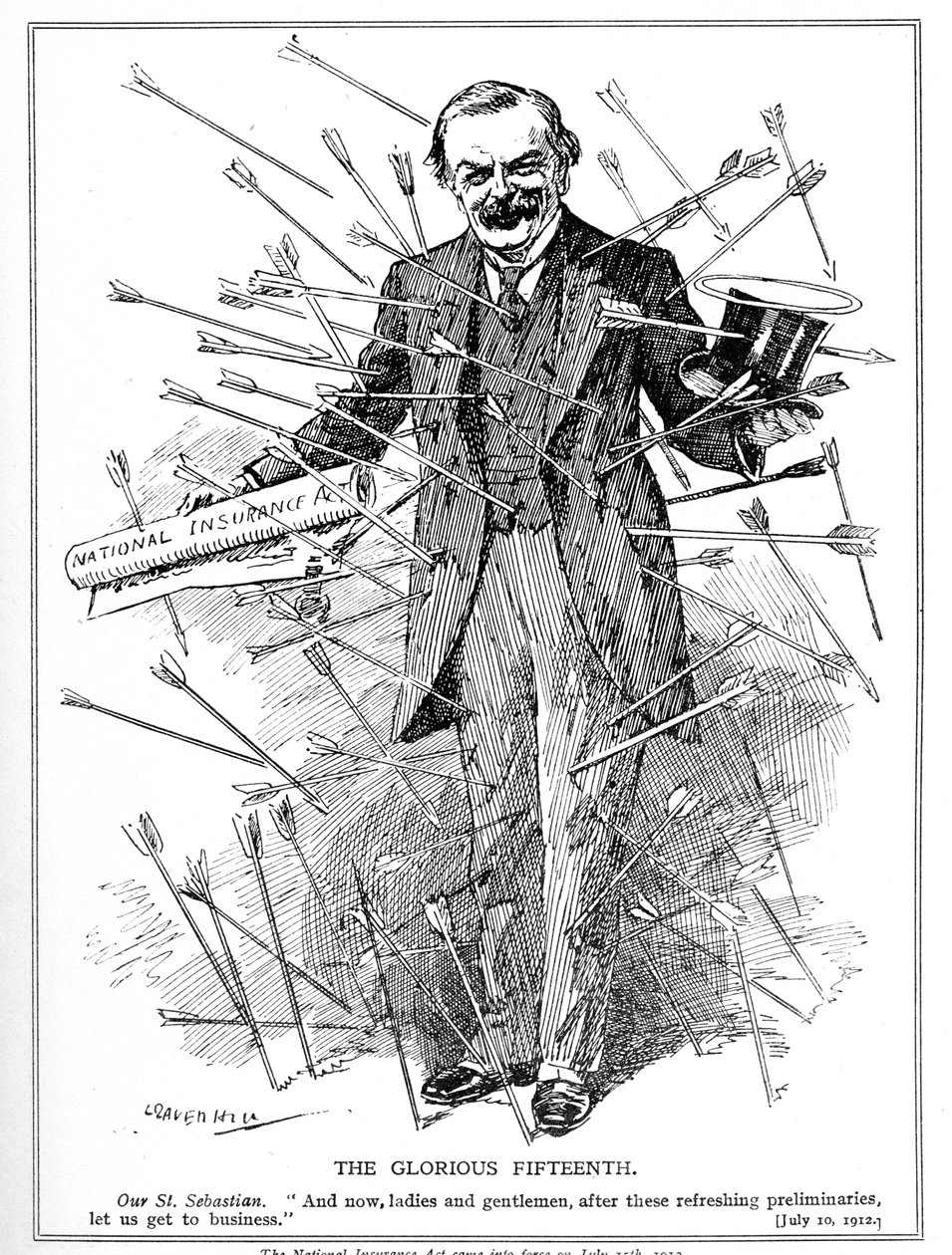 Lloyd George, raffigurato come il martire, San Sebastiano, sotto attacco per il suo National Insurance Act, entrato in vigore il 15 luglio 1912 da Leonard Raven Hill