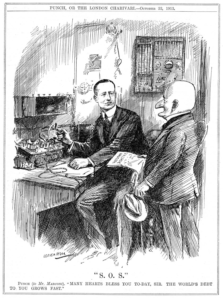Mr Punch ringrazia Marconi per la telegrafia senza fili che stava salvando vite in mare da Leonard Raven Hill