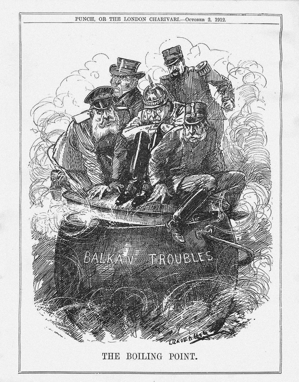 Il punto di ebollizione. Punch Magazine, 2 ottobre 1912 da Leonard Raven Hill