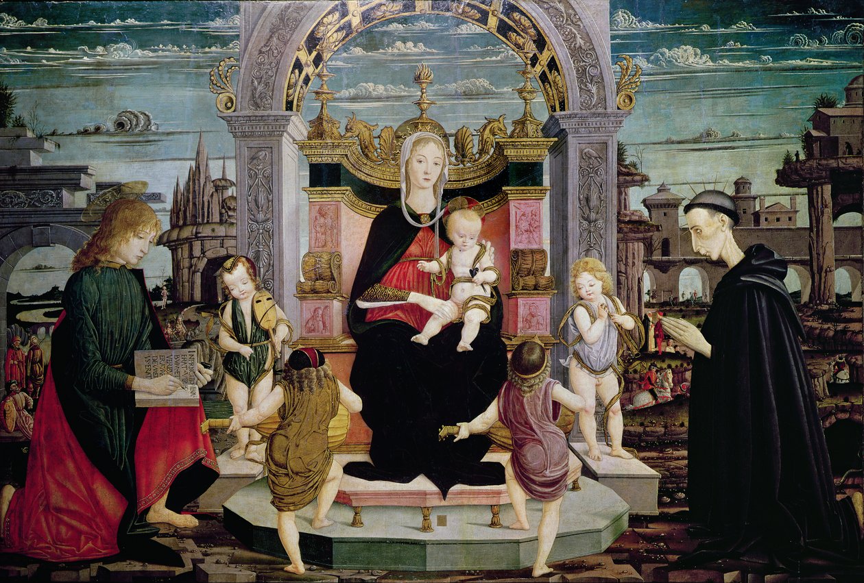 Vergine e Bambino in trono con San Giovanni Evangelista e il Beato Giacomo Bertoni da Leonardo I Scaletti