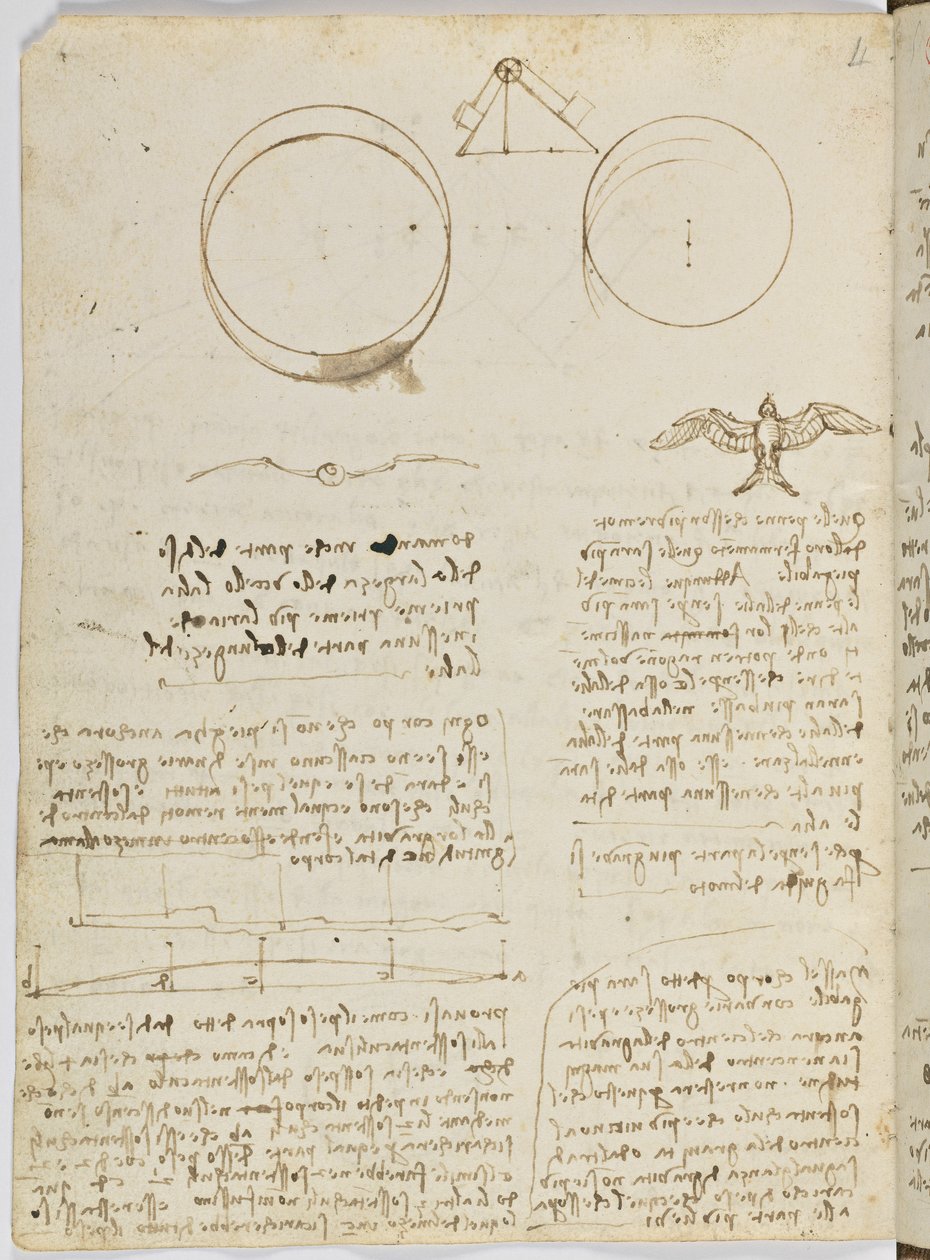 Codice sul volo degli uccelli, c. 1505-06, manoscritto su carta, cc. 18, foglio 4 verso da Leonardo da Vinci