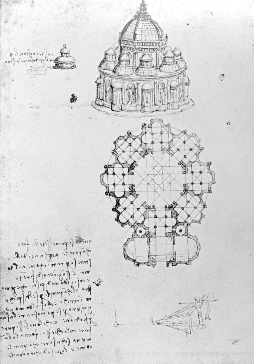 Chiesa centralizzata e ingegneria marittima, Fol. 5v dal Codex Ashburnham (ex parte del Manoscritto B (2184), c.1488 da Leonardo da Vinci