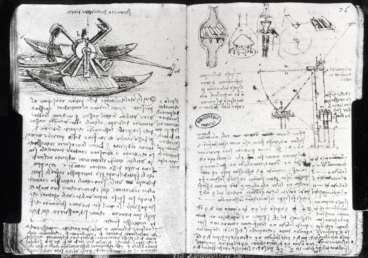 Progetto per una draga e varie macchine idrauliche, fol. 75v e 76r dal Manoscritto di Parigi E, 1513-14 da Leonardo da Vinci