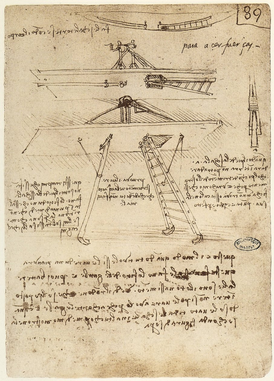 Ms B fol.89r Carrello di decollo e atterraggio per una macchina volante, 1487-90 da Leonardo da Vinci