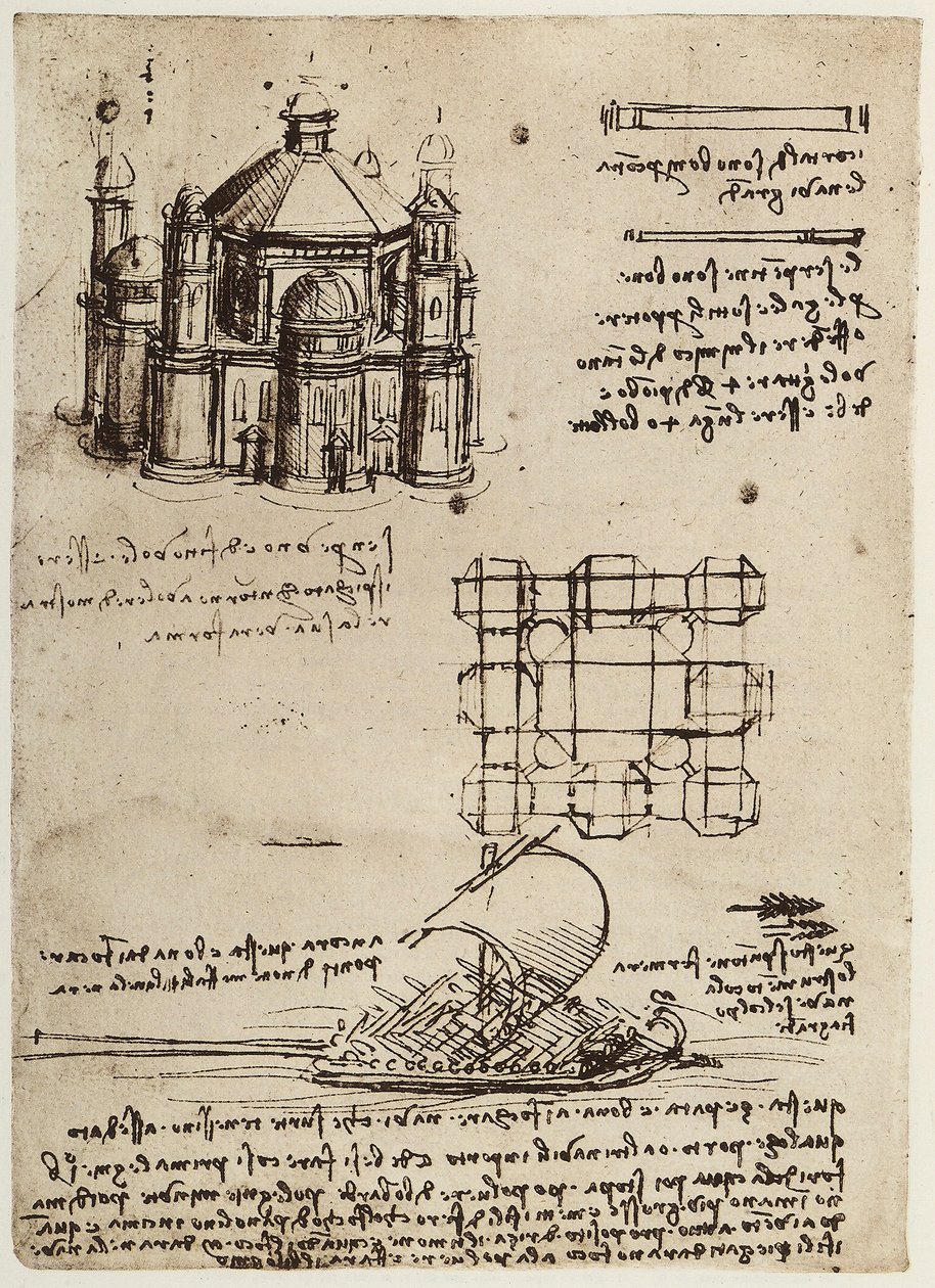 Progetto per una chiesa su asse centrale e una barca con remi e vele, parte del Codice B (2173), c.39v da Leonardo da Vinci