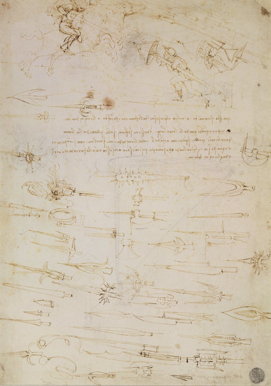 Foglio di studi di fanti e cavalieri in combattimento, e alabarde, 1485-1488 da Leonardo da Vinci