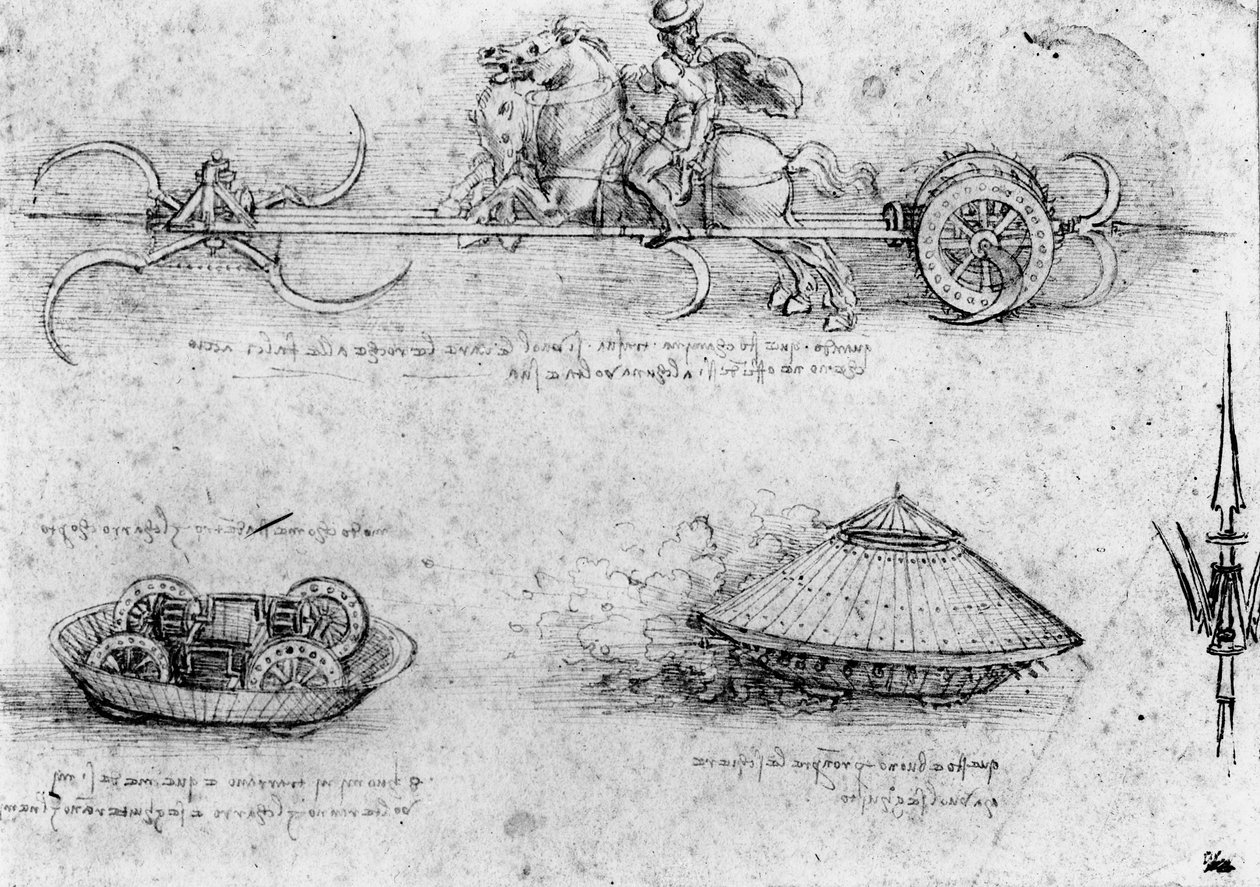 Studi di macchine militari simili a carri armati; incluso uno in alto con cavalli che tirano un congegno con falci rotanti, c.1485 da Leonardo da Vinci