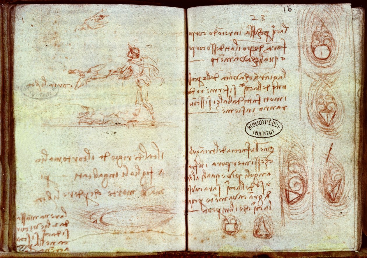 Studio delle diverse qualità aerodinamiche di forme variabili con uno schizzo di un uomo e due uccelli, Ms 7 da Leonardo da Vinci