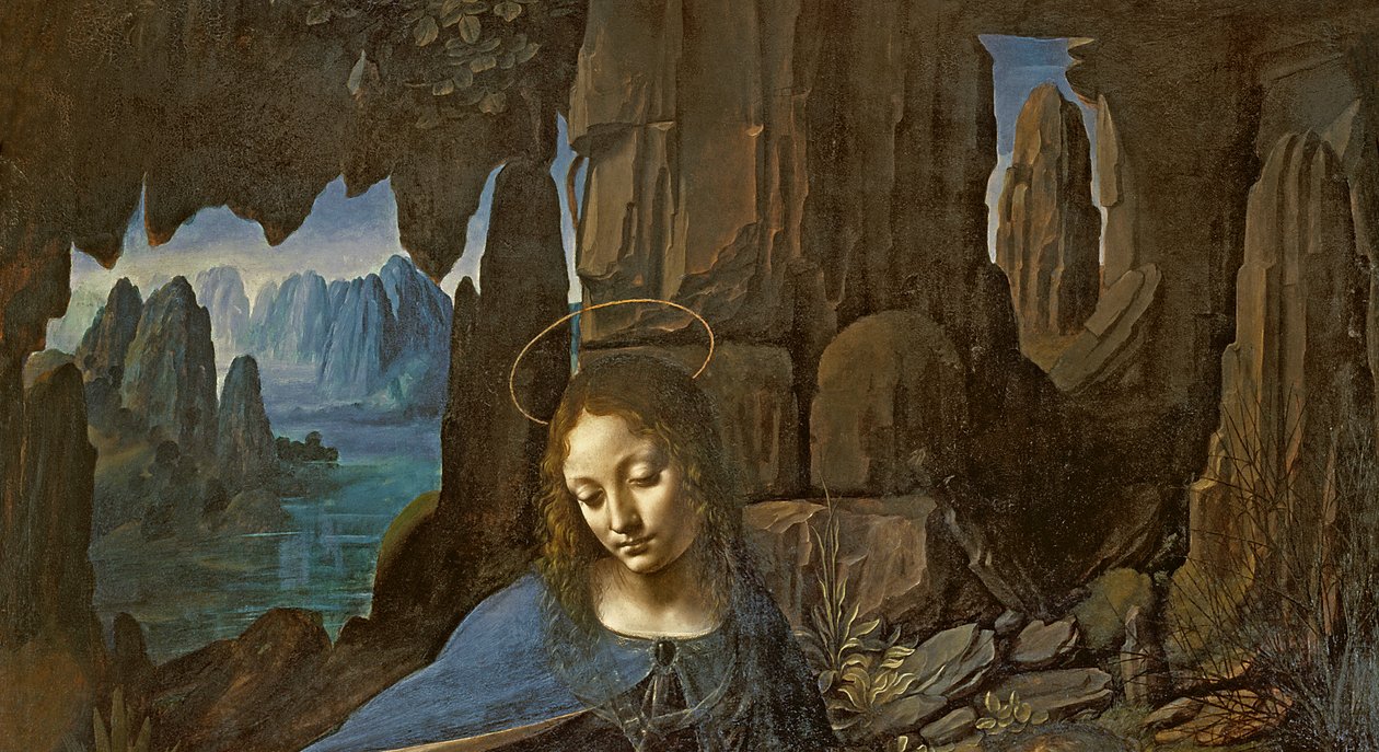 La Vergine delle Rocce con il Bambino San Giovanni che adora il Bambino Gesù accompagnato da un angelo (dettaglio) da Leonardo da Vinci
